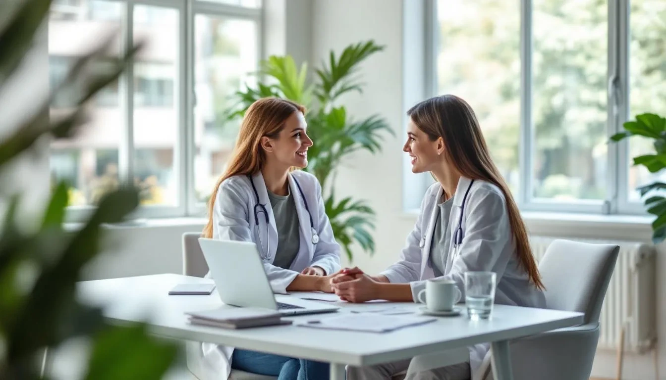The image depicts a healthcare and wellness consultation in a modern office, where a diverse group of employees engages in a discussion about work-life balance and employee mental health. The setting reflects a positive workplace culture, emphasizing the importance of employee wellbeing and effective communication in fostering a supportive environment.